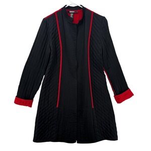 DKNY Coat Womens 10 Black‎ Red Quilted Long Jacket Silk Lined Modern Chic